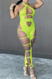 Fluorescent Green Sexy Solid Hollowed Out Halter Skinny Jumpsuits