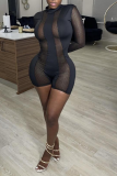 Black Sexy Solid See-through Mesh Half A Turtleneck Skinny Rompers