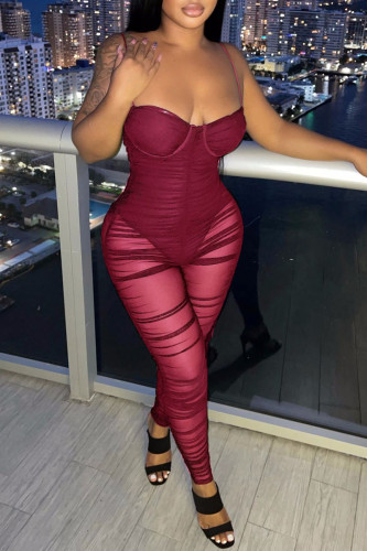Red Fashion Sexy Patchwork Solid Backless Spaghetti Strap Skinny Jumpsuits
