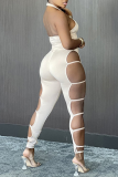 White Sexy Solid Hollowed Out Halter Skinny Jumpsuits