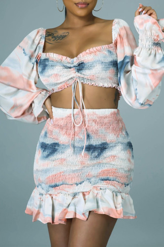 Pink Sexy Casual Print Backless Square Collar Long Sleeve Two Pieces