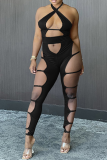 Black Sexy Solid Hollowed Out Halter Skinny Jumpsuits