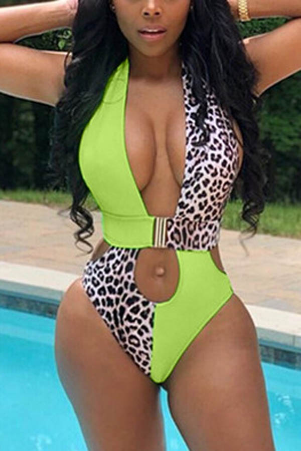 

Green Sexy Printing Stitching Sleeveless Swimsuit