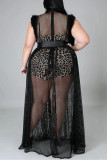 Black Sexy Plus Size Patchwork See-through Without Belt Turtleneck Sleeveless Dress