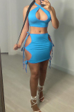 Blue Sexy Solid Hollowed Out Backless Strap Design Halter Sleeveless Two Pieces