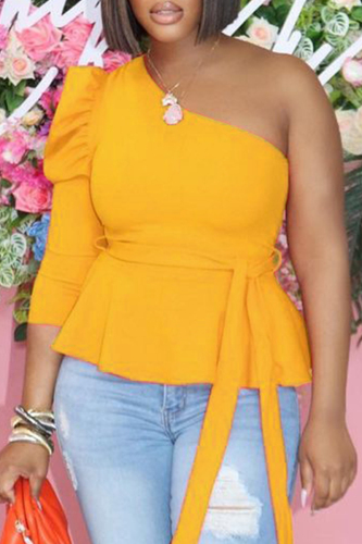 Yellow Fashion Casual Solid Backless Oblique Collar Tops
