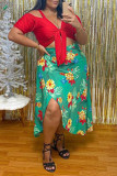 Green Sexy Casual Print Slit V Neck Plus Size Two Pieces