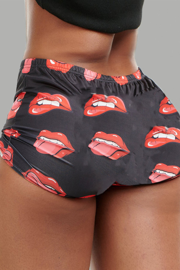 Black Fashion Casual Lips Printed Basic Regular Mid Waist Shorts