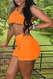 Tangerine Red Sexy Solid Patchwork Sleeveless Two Pieces