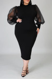 Black Fashion Solid Patchwork See-through Slit Half A Turtleneck Long Sleeve Plus Size Dresses