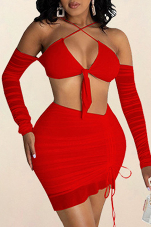Red Sexy Solid Hollowed Out Strap Design Halter Sleeveless Two Pieces