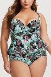 Green Sexy Printed Plus Size Swimsuit Set