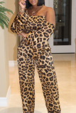 Leopard Print Sexy Leopard Patchwork Off the Shoulder Long Sleeve Two Pieces