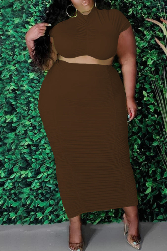 Dark Brown Fashion Casual Solid Fold O Neck Plus Size Two Pieces