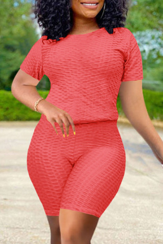 Fluorescent Red Fashion Casual Solid Basic O Neck Short Sleeve Two Pieces
