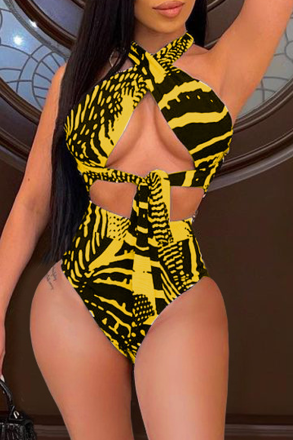 Yellow Sexy Animal Print Hollowed Out Swimwears