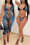Dark Blue Fashion Sexy Leopard Hollowed Out Swimwears
