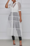 White Sexy Casual Patchwork See-through Turndown Collar Short Sleeve Dress