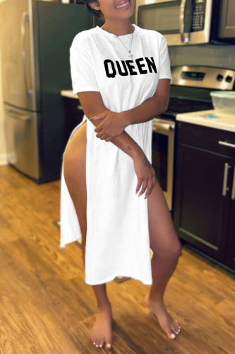 White Sexy Casual Letter Print Slit O Neck Short Sleeve Dresses