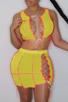 Yellow Sexy Solid Hollowed Out Strap Design O Neck Sleeveless Two Pieces