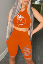 Orange Sexy Casual Print Ripped O Neck Sleeveless Two Pieces