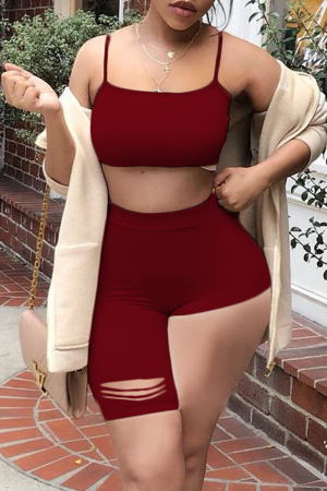 Purplish Red Sexy Casual Solid Ripped Asymmetrical Spaghetti Strap Sleeveless Two Pieces