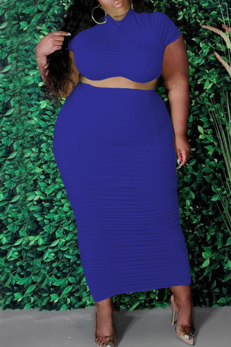 Tibetan Blue Fashion Casual Solid Fold O Neck Plus Size Two Pieces