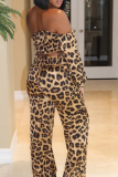 Leopard Print Sexy Leopard Patchwork Off the Shoulder Long Sleeve Two Pieces