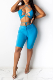 Blue Sexy Casual Solid Hollowed Out Backless Strap Design Halter Sleeveless Two Pieces