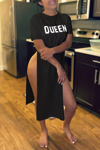 Black Sexy Casual Letter Print Slit O Neck Short Sleeve Dresses