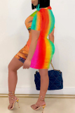 Multicolor Fashion Casual Print Basic Zipper Collar Short Sleeve Dress Dresses