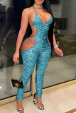 Light Blue Sexy Print Hollowed Out Backless V Neck Skinny Jumpsuits