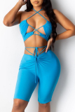 Blue Sexy Casual Solid Hollowed Out Backless Strap Design Halter Sleeveless Two Pieces