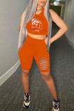 Orange Sexy Casual Print Ripped O Neck Sleeveless Two Pieces