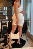 White Sexy Solid Hollowed Out Halter Pencil Skirt Dresses