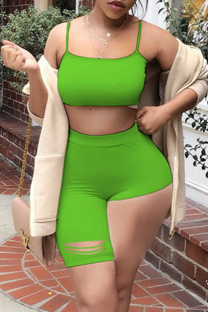 Green Sexy Casual Solid Ripped Asymmetrical Spaghetti Strap Sleeveless Two Pieces