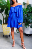 Blue Sexy Solid Flounce Off the Shoulder Pleated Dresses