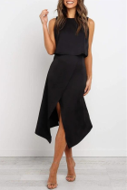 Black OL Two Piece Suits Solid pencil Sleeveless Two-Piece Dress
