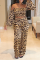 Leopard Print Sexy Leopard Split Joint Off the Shoulder Long Sleeve Two Pieces