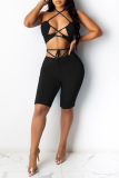Black Sexy Casual Solid Hollowed Out Backless Strap Design Halter Sleeveless Two Pieces