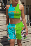 Baby Blue Sexy Casual Letter Print Contrast O Neck Sleeveless Two Pieces