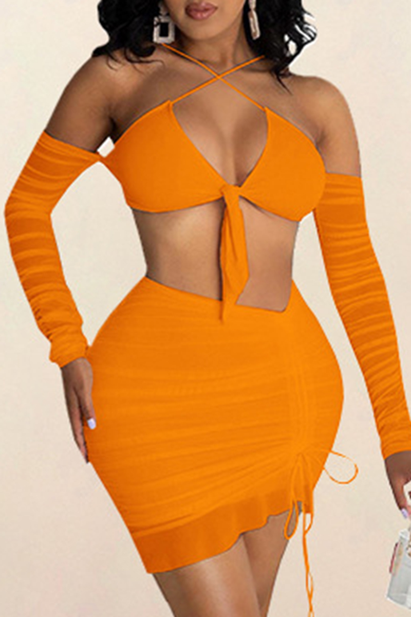 Orange Sexy Solid Hollowed Out Strap Design Halter Sleeveless Two Piecestwo Piece Dress 8197