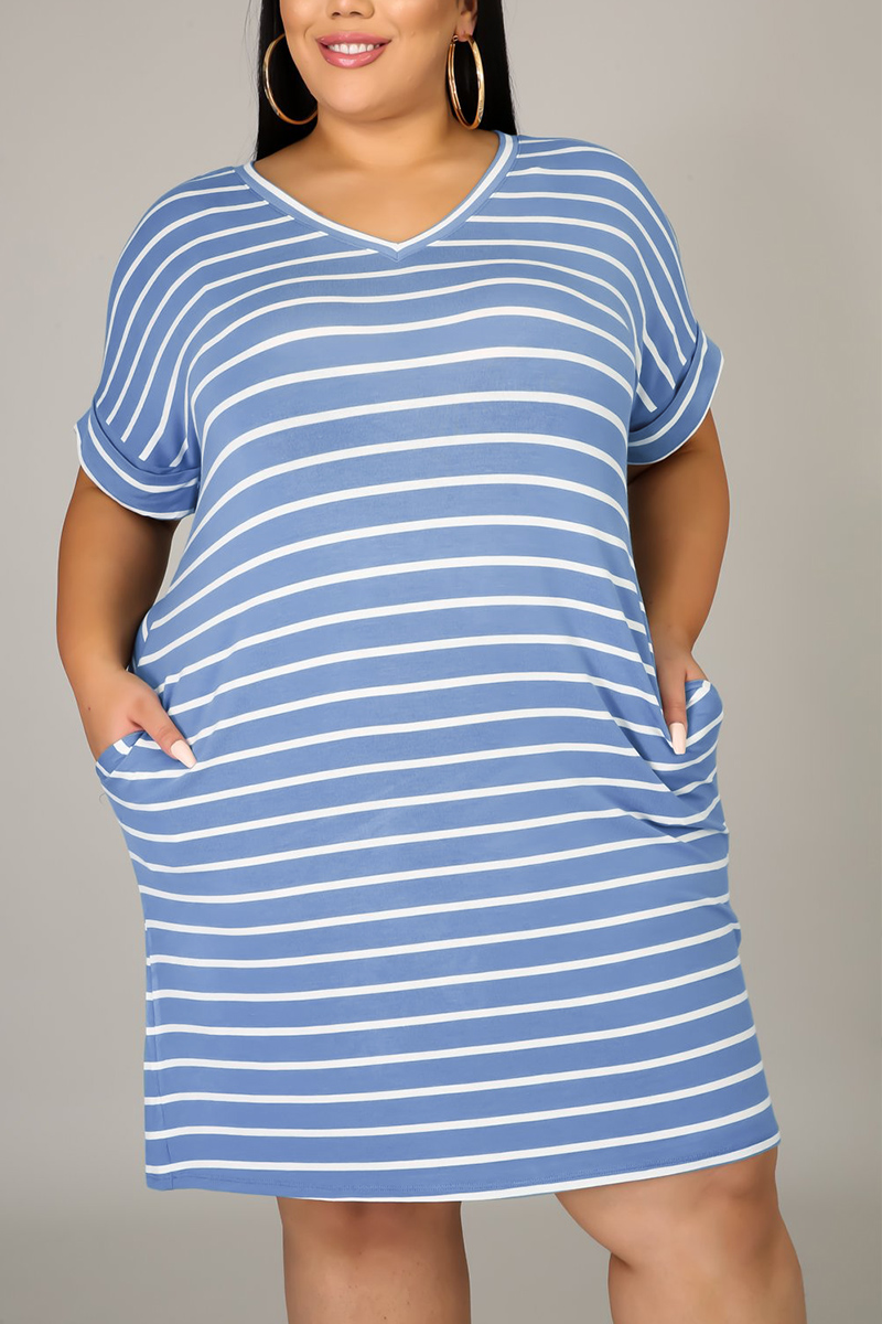 

Blue Fashion Striped Print Plus Size Dress