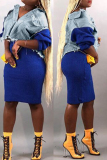 Blue Fashion Loose Stitching Two-Piece Skirt Suit (Denim Coat + Skirt)