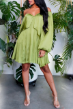 Green Sexy Solid Flounce Off the Shoulder Pleated Dresses