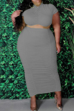 Grey Fashion Casual Solid Fold O Neck Plus Size Two Pieces