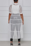 White Sexy Casual Patchwork See-through Turndown Collar Short Sleeve Dress