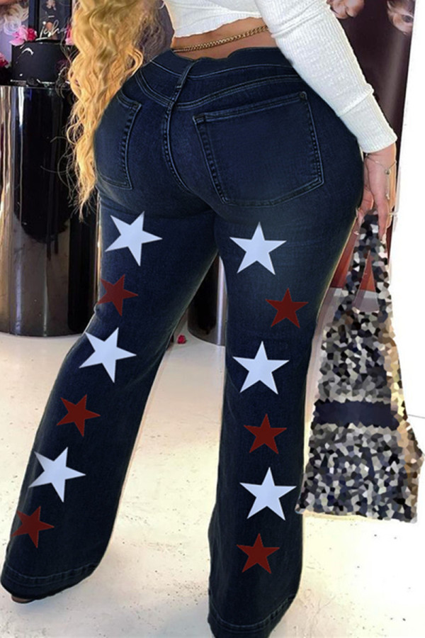 Deep Blue Fashion Casual The stars Printing Plus Size Jeans