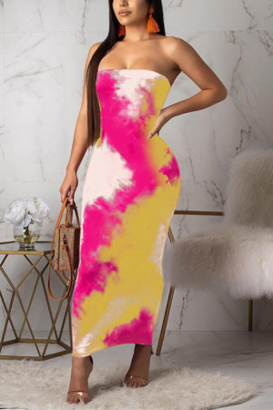 Yellow Fashion Sexy Off The Shoulder Sleeveless Wrapped chest Slim Dress Ankle-Length Print Prin