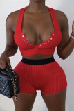 Red Sexy Casual Solid Basic V Neck Sleeveless Two Pieces